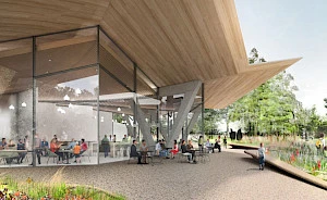 Exterior rendering of the Museum's restaurant showing indoor and outdoor seating options.