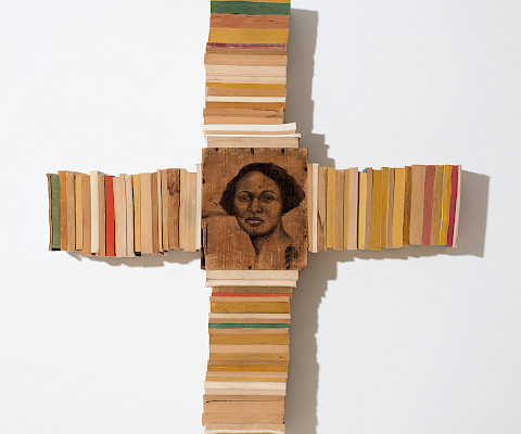 Whitfield Lovell (New York, New York, 1959 - ), "Crossroads," 2012, conté on wood with attached paperback books 39 x 36 x 5 in., Courtesy of American Federation of Arts, the artist, and DC Moore Gallery, New York.