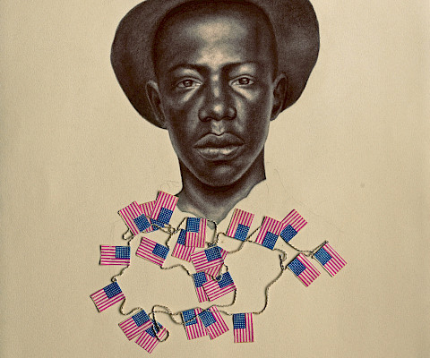 Whitfield Lovell (New York, New York, 1959 - ), "Kin I (Our Folks)," 2008, conté on paper, paper flags, and string, 30 x 22 ½ in., On loan from the collection of Reginald and Aliya Browne.