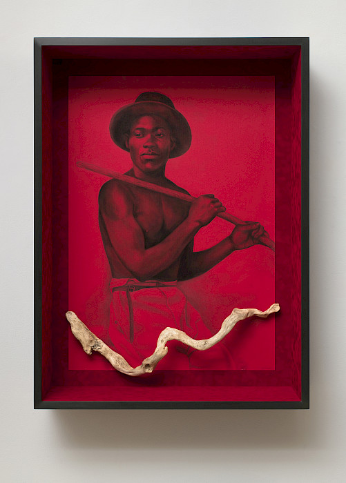 Whitfield Lovell (New York, New York, 1959 - ), "The Red XIII," 2021, conté crayon on paper with attached found object, 45 3/4 x 34 x 5 7/8 in., On loan from a private collection.