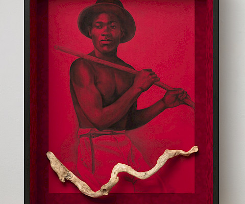 Whitfield Lovell (New York, New York, 1959 - ), "The Red XIII," 2021, conté crayon on paper with attached found object, 45 3/4 x 34 x 5 7/8 in., On loan from a private collection.