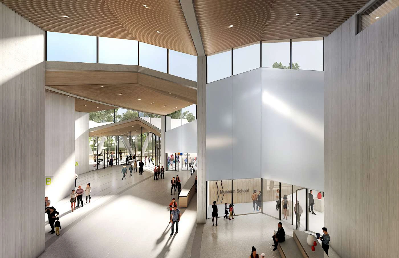 View toward MacArthur Park from the Atrium, which connects the Arkansas Arts Center’s three programmatic pillars: the Museum School, Galleries, and Children’s Theatre. Image courtesy of Studio Gang.
