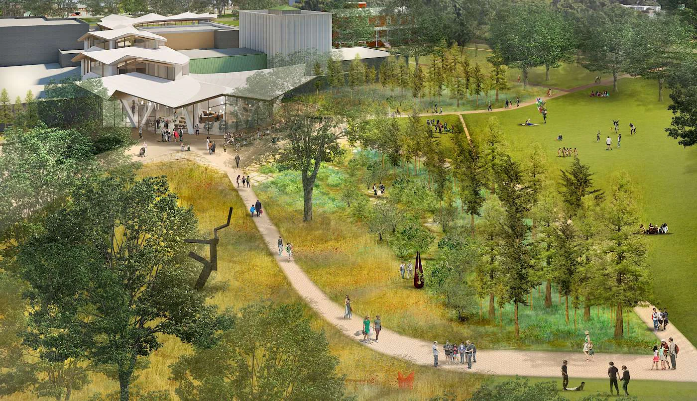 Aerial view showing how the reimagined Arkansas Arts Center creates new pathways and connections to MacArthur Park. The design includes a new restaurant with outdoor shaded seating, walking paths, and a great lawn. Over time, a tree canopy will develop, creating a true “Arts Center in a Park.” Image courtesy of Studio Gang and SCAPE.