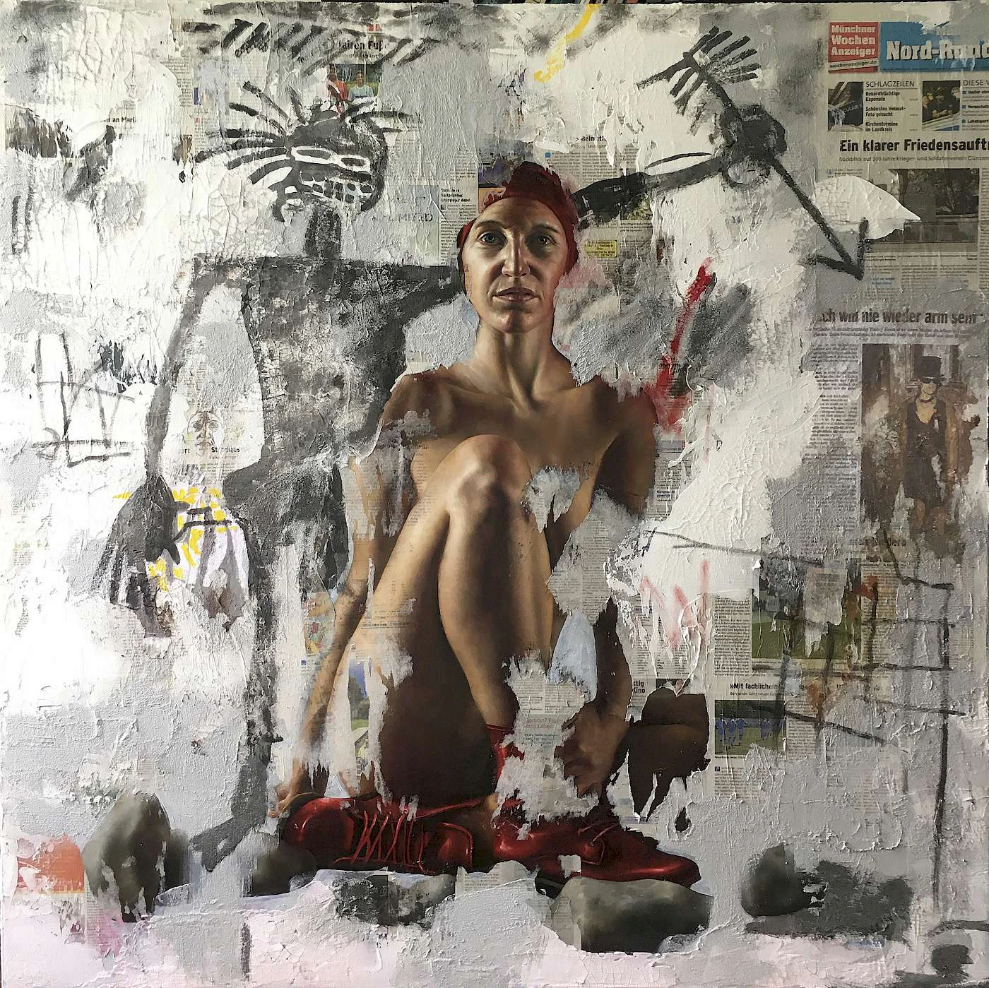 Anton Hoeger, Woman with Red Shoes, 2019, oil on canvas, 43 1/3 x 43 1/3 inches
