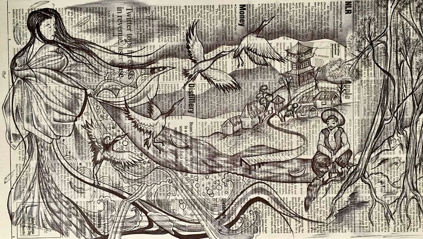 Stephanie Williams, The Woodsman and the Crane, 2019, pen and sharpie on newspaper, 11 x 22 ½ inches