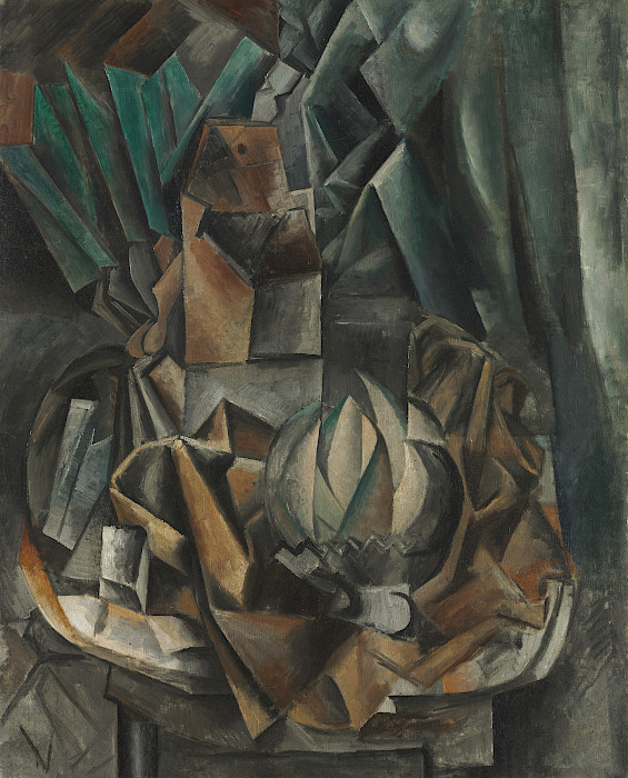 Pablo Picasso (Málaga, Spain, 1881 - 1973, Mougins, France), "Fan, Salt Box, Melon," 1909, oil on canvas, framed: 39 1/2 x 32 7 /8 x 2 7 /8 in., unframed: 32 x 25 1/4 in. The Cleveland Museum of Art, Leonard C. Hanna, Jr. Fund 1969.22 © Estate of Pablo Picasso/ Artists Rights Society (ARS), New York.