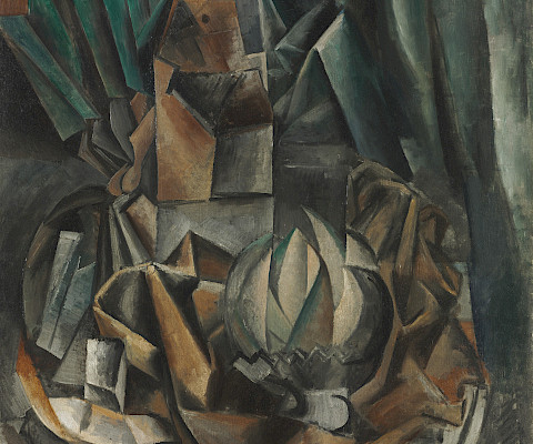 Pablo Picasso (Málaga, Spain, 1881 - 1973, Mougins, France), "Fan, Salt Box, Melon," 1909, oil on canvas, framed: 39 1/2 x 32 7 /8 x 2 7 /8 in., unframed: 32 x 25 1/4 in. The Cleveland Museum of Art, Leonard C. Hanna, Jr. Fund 1969.22 © Estate of Pablo Picasso/ Artists Rights Society (ARS), New York.