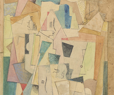 Georges Valmier (Angoulême, Charente, Poitou-Charentes, France, 1885 - 1937, Paris, France), "Paysage (Landscape)," 1918-1919, gouache and collage on paper, 8 1/2 × 6 1/8 in. Arkansas Museum of Fine Arts Foundation Collection: Purchase, Tabriz Fund. 2000.013.