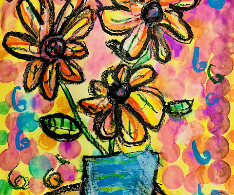 Honorable Mention: Ivan D., "Flowers," mixed media, 8.5 x 11 in., Maumelle Charter Elementary, Art Educator: Hether Embrey.