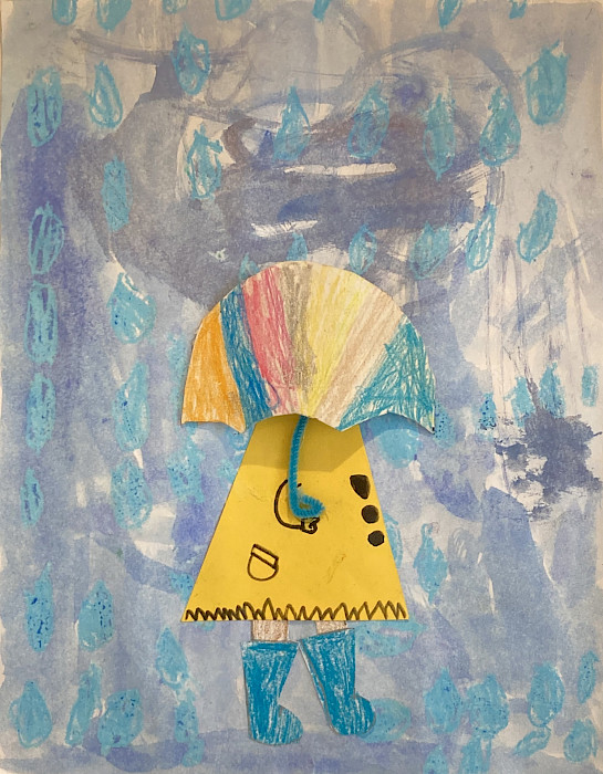 Honorable Mention: Jason M.M., "So Many Rainy Days," watercolor, crayon, pipe cleaner, marker, and construction paper, 12 x 9 in., Amboy Elementary, Art Educator: Teresa Penny.