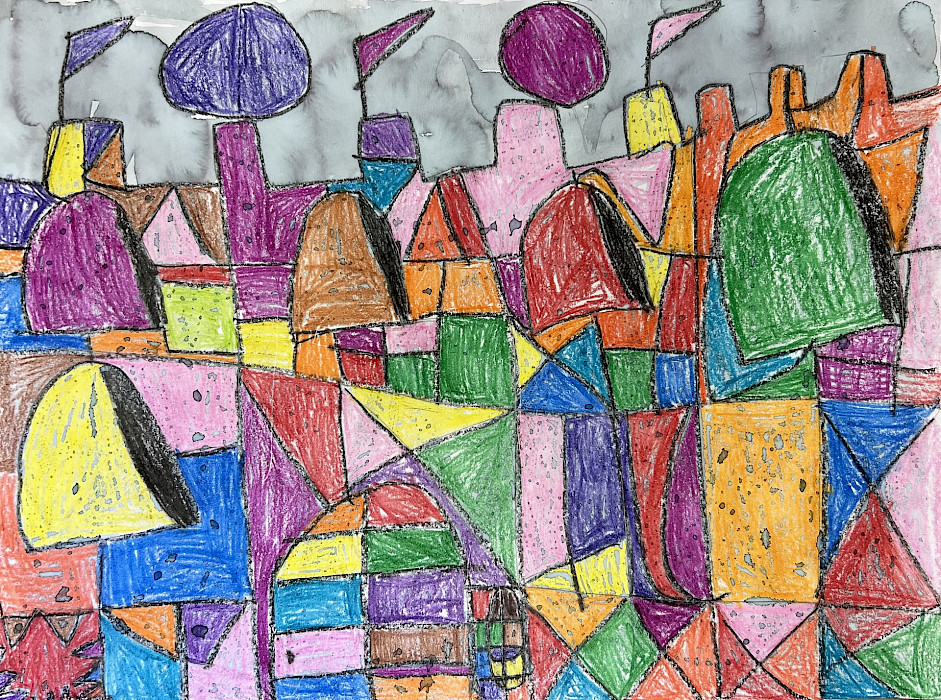 Honorable Mention: Wren A., "Castle & Sun," crayon and watercolor, 16 x 20 in., Pulaski Heights Elementary, Art Educator: Suzanne McClinton.