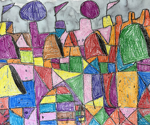 Honorable Mention: Wren A., "Castle & Sun," crayon and watercolor, 16 x 20 in., Pulaski Heights Elementary, Art Educator: Suzanne McClinton.