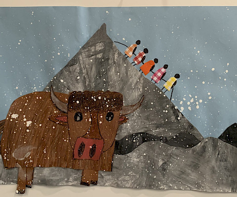 Best in Class: Meredith M., "One Cold Day," tempera, painted paper, Sharpie© marker, and crayon, 12 x 18 in., Valley Springs Elementary, Art Educator: Deloris Smith.