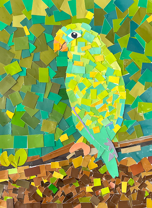 Avery Q., "Yellow Naped Amazon Parrot Perched On A Mossy Branch," cut paper, 12 x 9 in., C D Creative Studio, Art Educator: Cynthia Dealhunt.