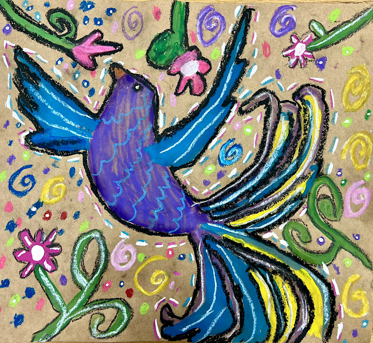 Eryn R., "Bird Singing Mate," tempera and oil pastel, 12 x 11 in., Wakefield Elementary, Art Educator: Cheryl Compagna.