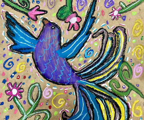 Eryn R., "Bird Singing Mate," tempera and oil pastel, 12 x 11 in., Wakefield Elementary, Art Educator: Cheryl Compagna.