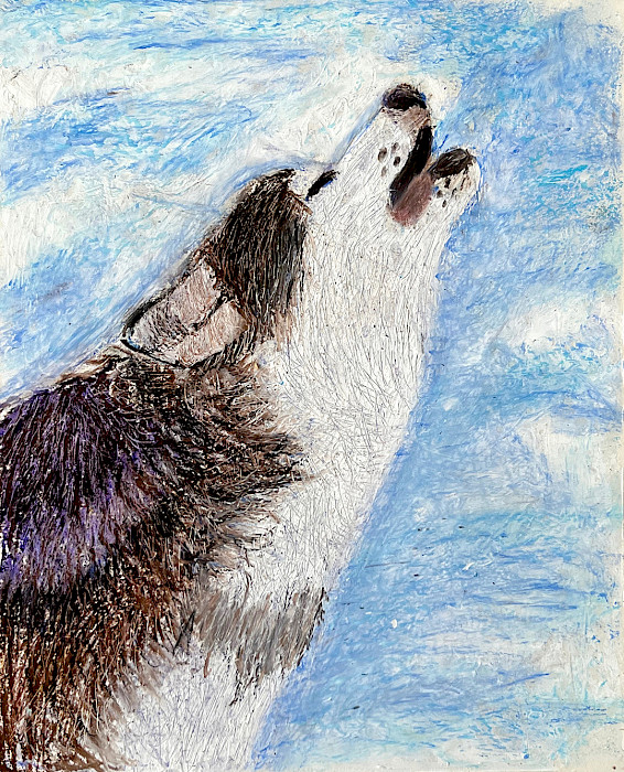 Honorable Mention: Emma S., "Wolf of the Clouds," oil pencil, 12 x 9 in., C D Creative Studio, Art Educator: Cynthia Dealhunt.