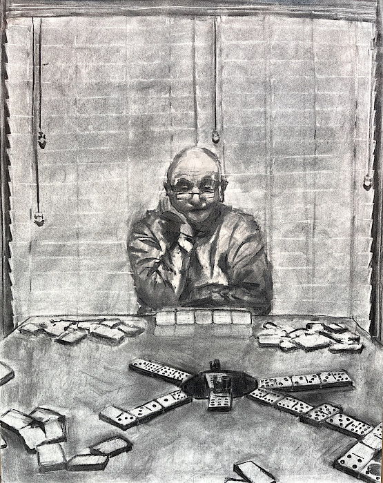 Violet B., "Dominoes with Grandpa," charcoal, 24 x 19 in., Thaden School, Art Educator: Nina Buonauito.