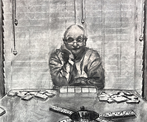 Violet B., "Dominoes with Grandpa," charcoal, 24 x 19 in., Thaden School, Art Educator: Nina Buonauito.