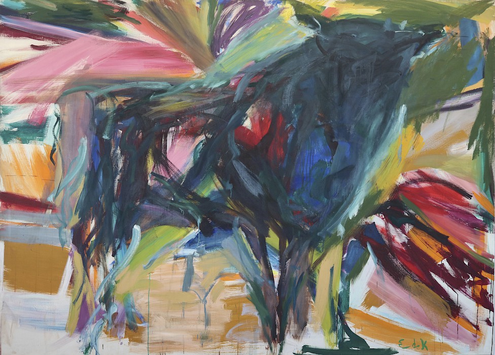 Elaine de Kooning (New York, New York, 1918 - 1989, Southampton, New York), "Standing Bull," 1958, oil and acrylic on canvas, 78 1/4 x 108 1/4 in., Arkansas Museum of Fine Arts Foundation Collection: Gift of Robert Mallary. 1973.024.