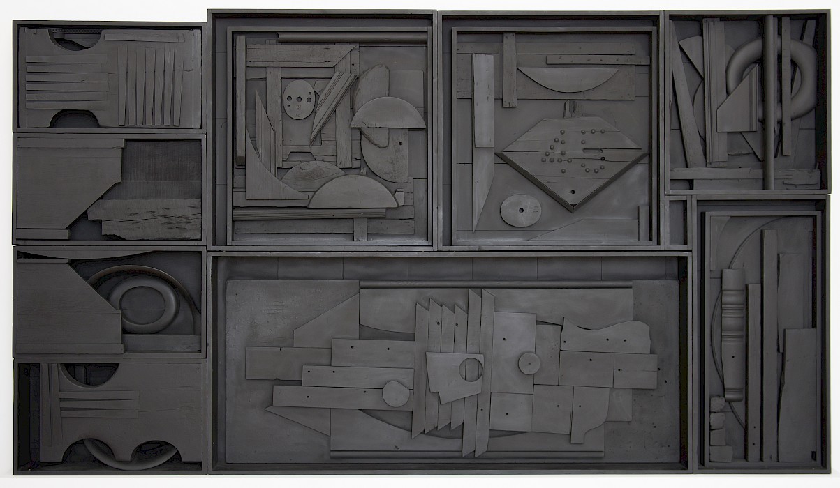 Louise Nevelson (Kyiv, Ukraine (formerly Russia), 1899 - 1988, New York, New York), "Tide Garden IV," 1964, painted and assembled wood construction, 91 x 140 x 10 in., Arkansas Museum of Fine Arts Foundation Collection: Gift of Sidney Singer, Sr., Stephens Inc., Gerald Cramer, Martin Oppenheimer, Edward Rosenthal, and John Rosenthal. 1983.030.