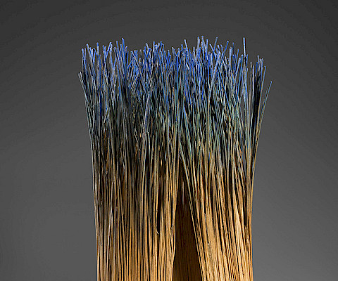 Mary Merkel-Hess (Waterloo, Iowa, 1949 - ), "Crescent II," 1995, reeds, paper, glue, and blue and green pigment, 18 1/2 × 8 1/2 × 6 1/4 in., Arkansas Museum of Fine Arts Foundation Collection: Gift of John and Robyn Horn. Photography by Edward C. Robison III.