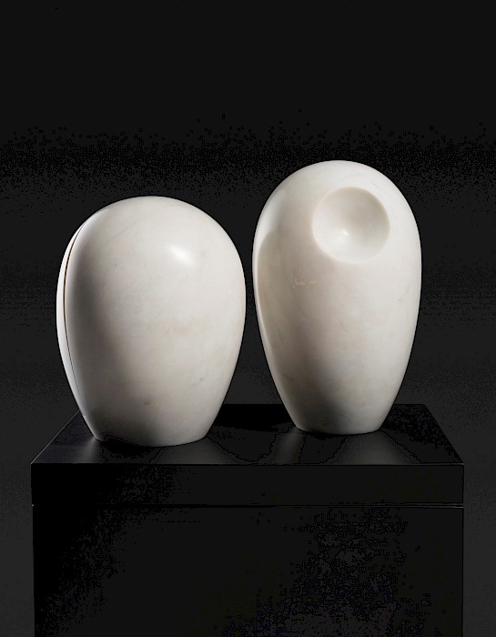 Barbara Hepworth (Wakefield, Yorkshire, England, 1903 - 1975, St. Ives, Cornwall, England), "Two Heads (Christmas)," 1970, white polished marble on artist-designed wood base, 17 x 20 1/4 x 15 1/4 in., Arkansas Museum of Fine Arts Foundation Collection: Bequest from the Estates of Louise and Fred Dierks. 2012.008.005. Photography by Edward C. Robison III.