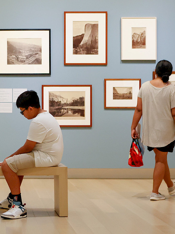 Photo of a woman looking at several framed landscape photographs on a wall in an art gallery while her two children sit on a bench nearby drawing.