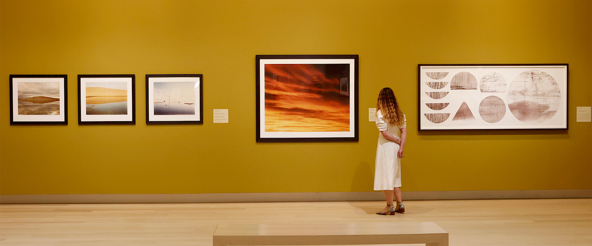 Photo of a woman looking at a large-scale photograph of a sunset in an art gallery.