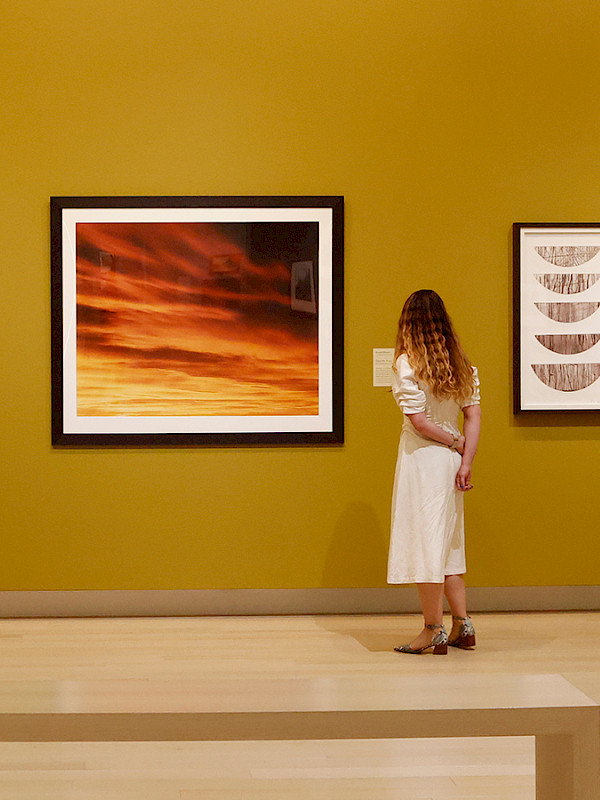 Photo of a woman looking at a large-scale photograph of a sunset in an art gallery.