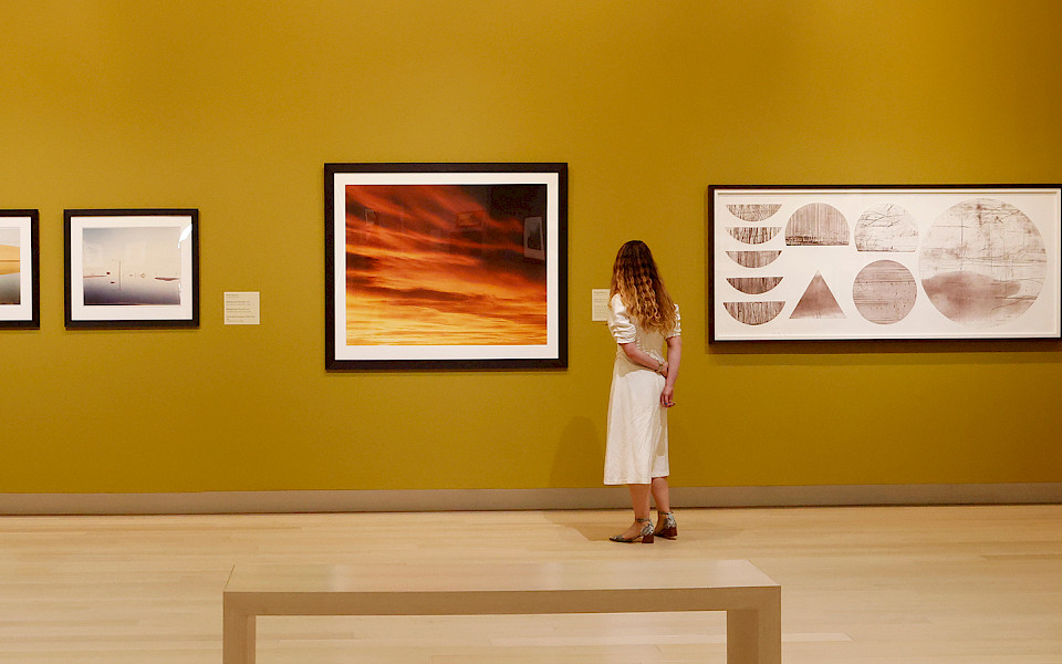 Photo of a woman looking at a large-scale photograph of a sunset in an art gallery.