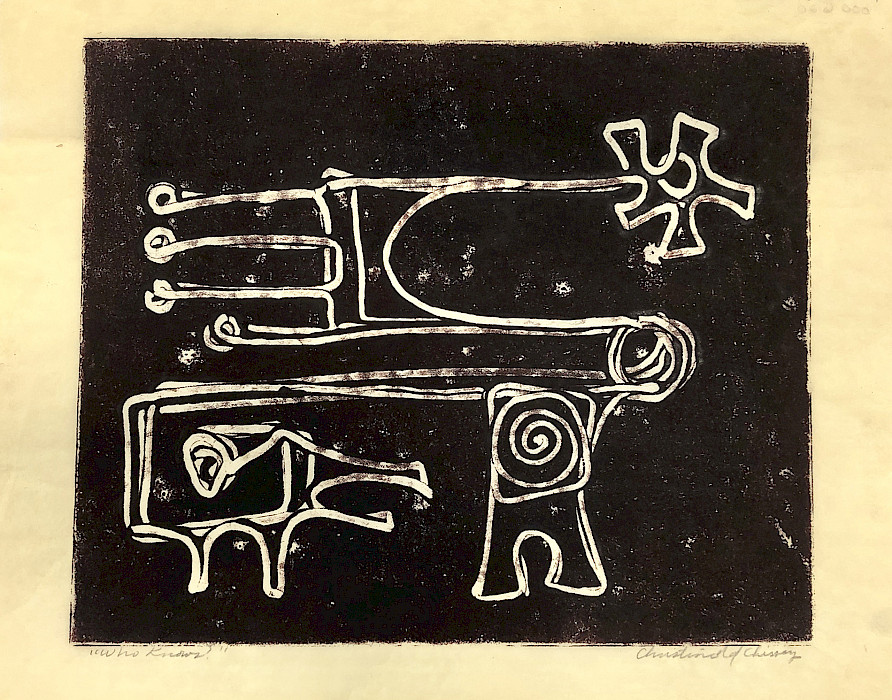 Christine McHorse (née Nofchissey) (Navajo, 1948 - 2021), "Who Knows," circa 1963 - 1968, monoprint on paper, 16.375 x 22 x 0.875 in., On loan from the IAIA Museum of Contemporary Native Arts Collection: Honors Collection, N-729.