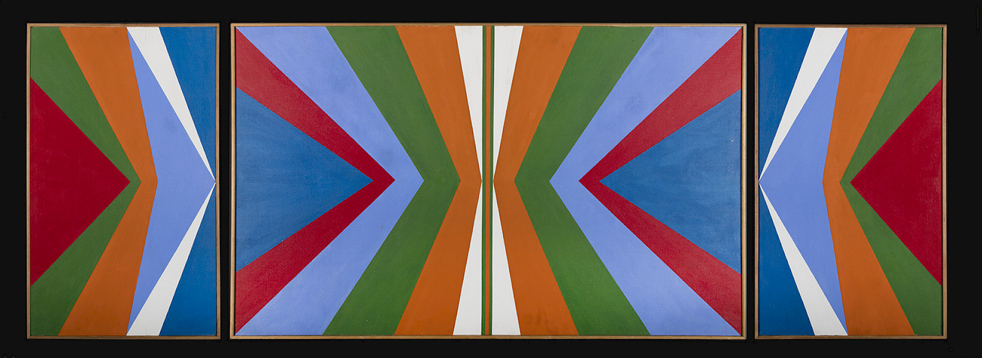 Harvey Herman (Očhéthi Šakówiŋ, 1952 - ), "Geometric #4 (triptych)," circa 1971, oil on canvas, 33 3/4 x 98 1/4 x 1 1/2 in., On loan from the IAIA Museum of Contemporary Native Arts Collection: Honors Collection, S-78, S-79, S-80.