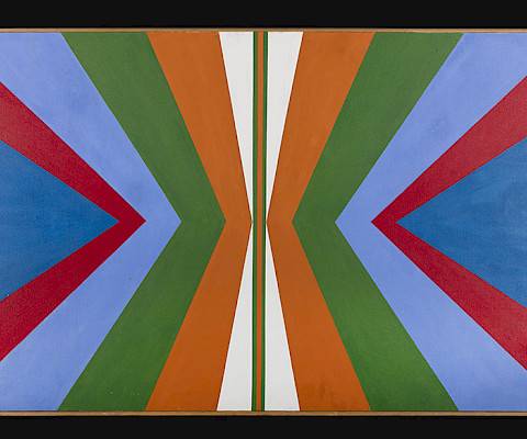 Harvey Herman (Očhéthi Šakówiŋ, 1952 - ), "Geometric #4 (triptych)," circa 1971, oil on canvas, 33 3/4 x 98 1/4 x 1 1/2 in., On loan from the IAIA Museum of Contemporary Native Arts Collection: Honors Collection, S-78, S-79, S-80.