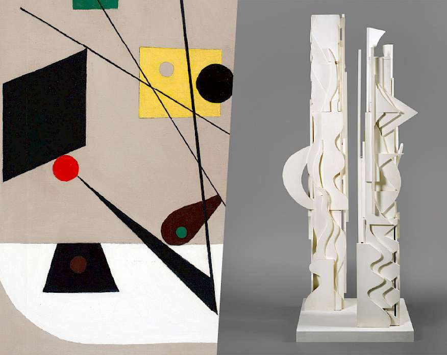 Spliced photo of two artworks. The work on the left is an abstract painting. The work on the right is a large white abstract sculpture.