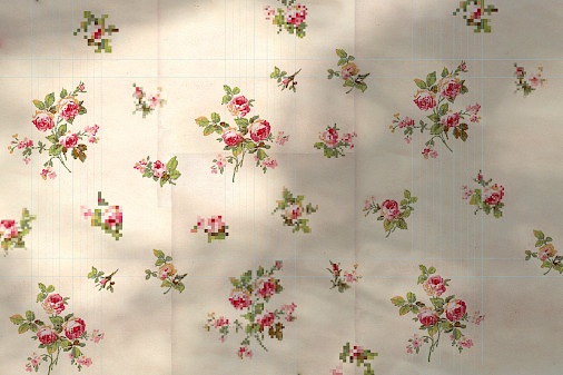 Still of an animation depicting a series of pink flowers on an offwhite background where some are pixelated.