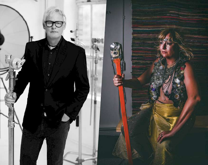 Spliced photo of a man in an photography studio on the left and a woman holding camera equipment on the right.