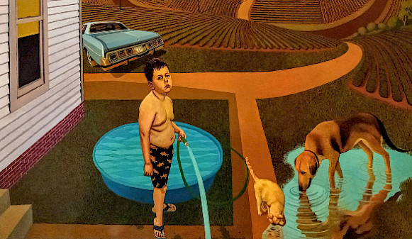 Detail of a painting by John Roberts depicting a young boy filling a kiddie pool with water next to a cat and a dog in a field.