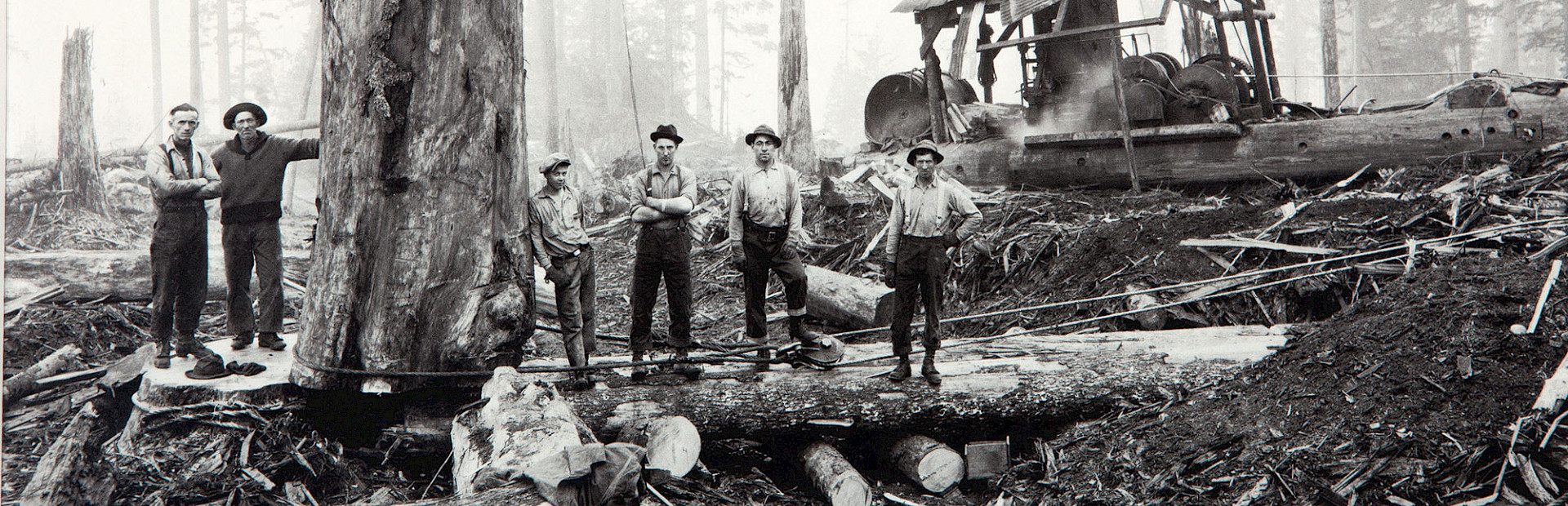 Black and white photograph of loggers in a forest by Darius Kinsey.