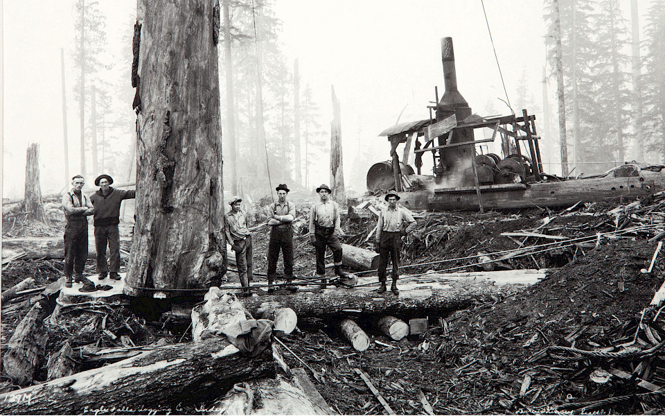 Black and white photograph of loggers in a forest by Darius Kinsey.