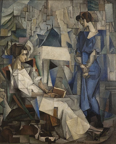 Photo of a cubist painting by Diego Rivera depicting two women.