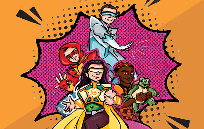 Illustration of a group of four superheroes in a comic book style.