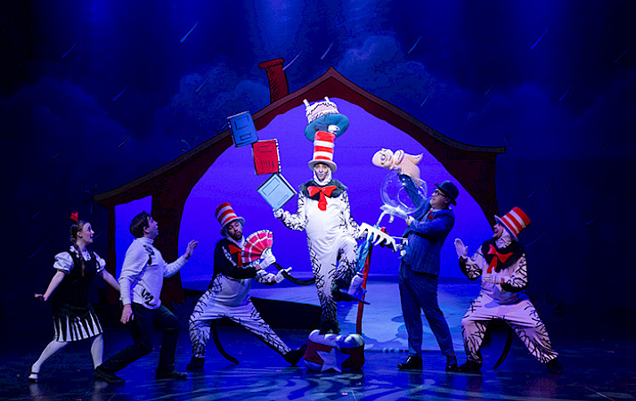 Photo of the cast of The Cat in the Hat posed together on stage dancing during a scene from the play.