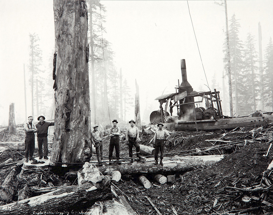 Darius Kinsey (Maryville, Missouri, 1869 - 1945, Sedro-Woolley, Washington), "Yarding Logs, Washington," 1936, gelatin silver print on paper, 17 1/2 x 20 1/2 in., On loan from the Bank of America Collection.