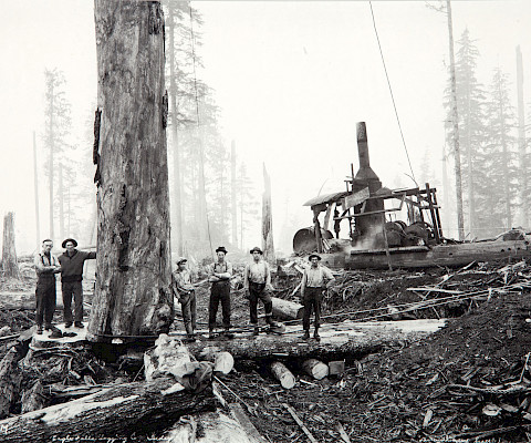 Darius Kinsey (Maryville, Missouri, 1869 - 1945, Sedro-Woolley, Washington), "Yarding Logs, Washington," 1936, gelatin silver print on paper, 17 1/2 x 20 1/2 in., On loan from the Bank of America Collection.