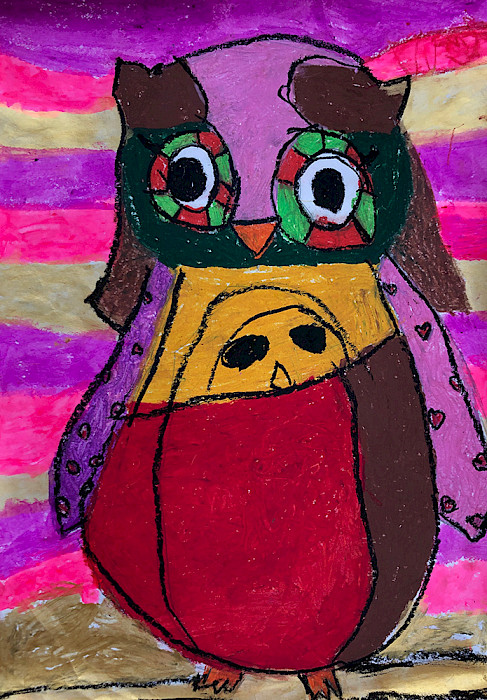 Best in Class: Estefania G., "Owl - Owl," oil pastel and tempera, 17 x 12 in., Landmark Elementary, Art Educator: Kelly Emerson.