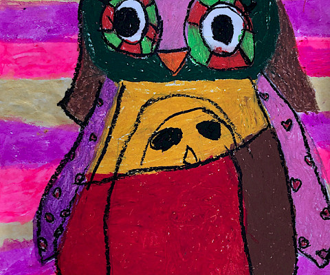 Best in Class: Estefania G., "Owl - Owl," oil pastel and tempera, 17 x 12 in., Landmark Elementary, Art Educator: Kelly Emerson.