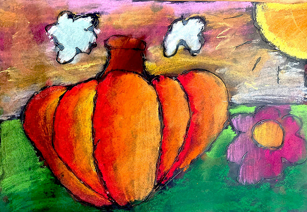 Best in Class: Sophia C., "The Flower and the Pumpkin at Sunset," chalk pastel and glue, 12 x 18 in., The Anthony School, Art Educator: Caroline Harper.