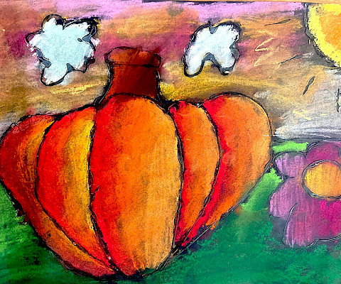 Best in Class: Sophia C., "The Flower and the Pumpkin at Sunset," chalk pastel and glue, 12 x 18 in., The Anthony School, Art Educator: Caroline Harper.