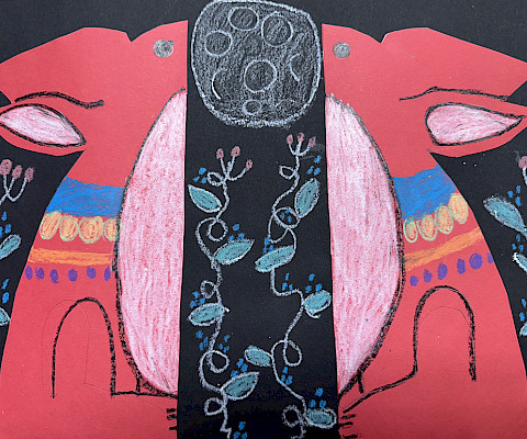 Best in Class: Clara K., "Folk Art Rabbit," construction paper and crayon, 9 x 12 in., St Vincent de Paul Catholic School, Art Educator: Heather Kordsmeier.